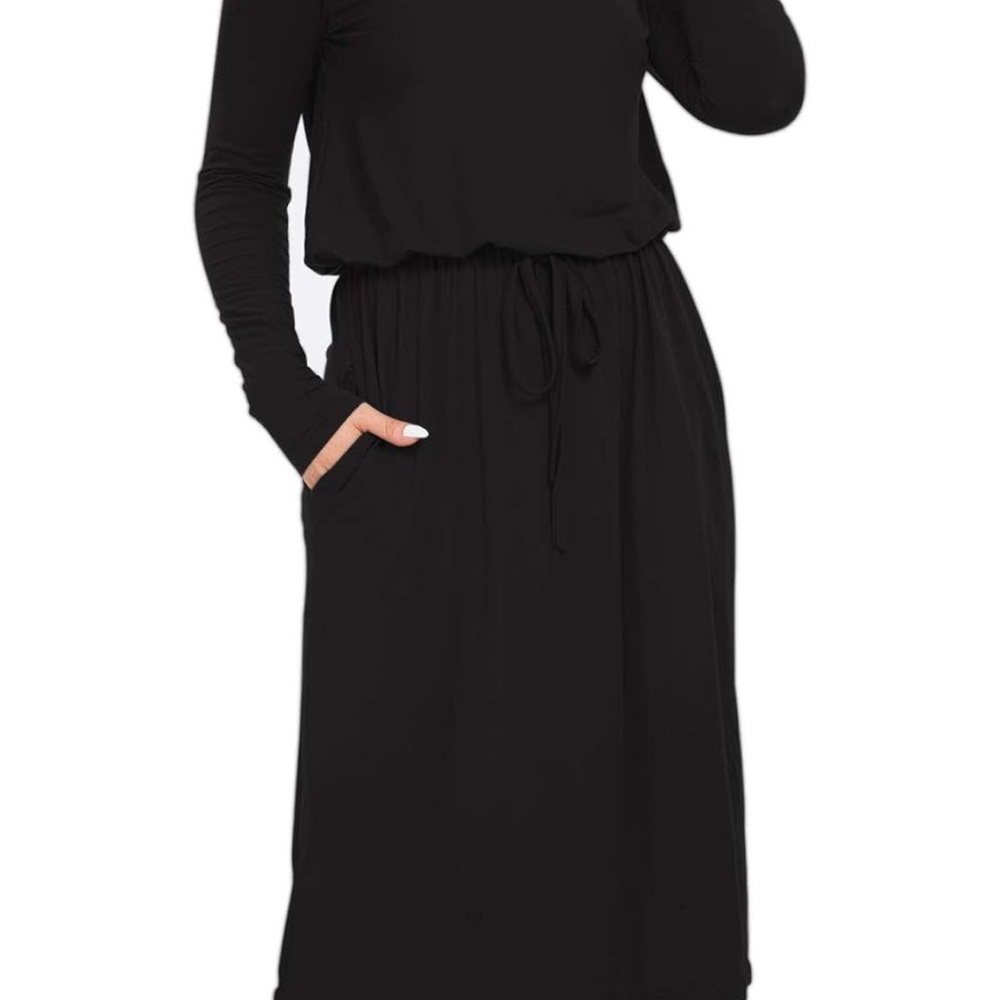Misfay Black Long Sleeve Midi Dress with Tie-Belt and Pockets, Size Small